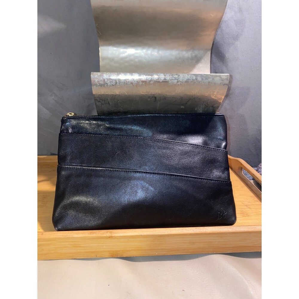 BJ Black Leather Vintage Clutch Bag With Talon Zipper Closure